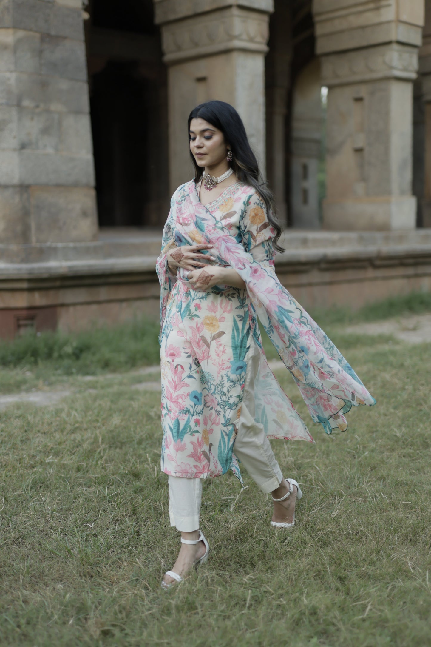 AZRA White floral printed suit - Set of 3 - Premium Suits from Chaand + Bali - Just $99! Shop now at Chaandbali