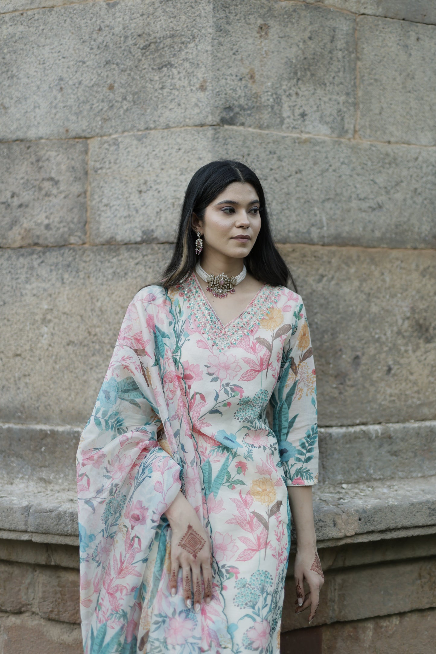 AZRA White floral printed suit - Set of 3 - Premium Suits from Chaand + Bali - Just $99! Shop now at Chaandbali
