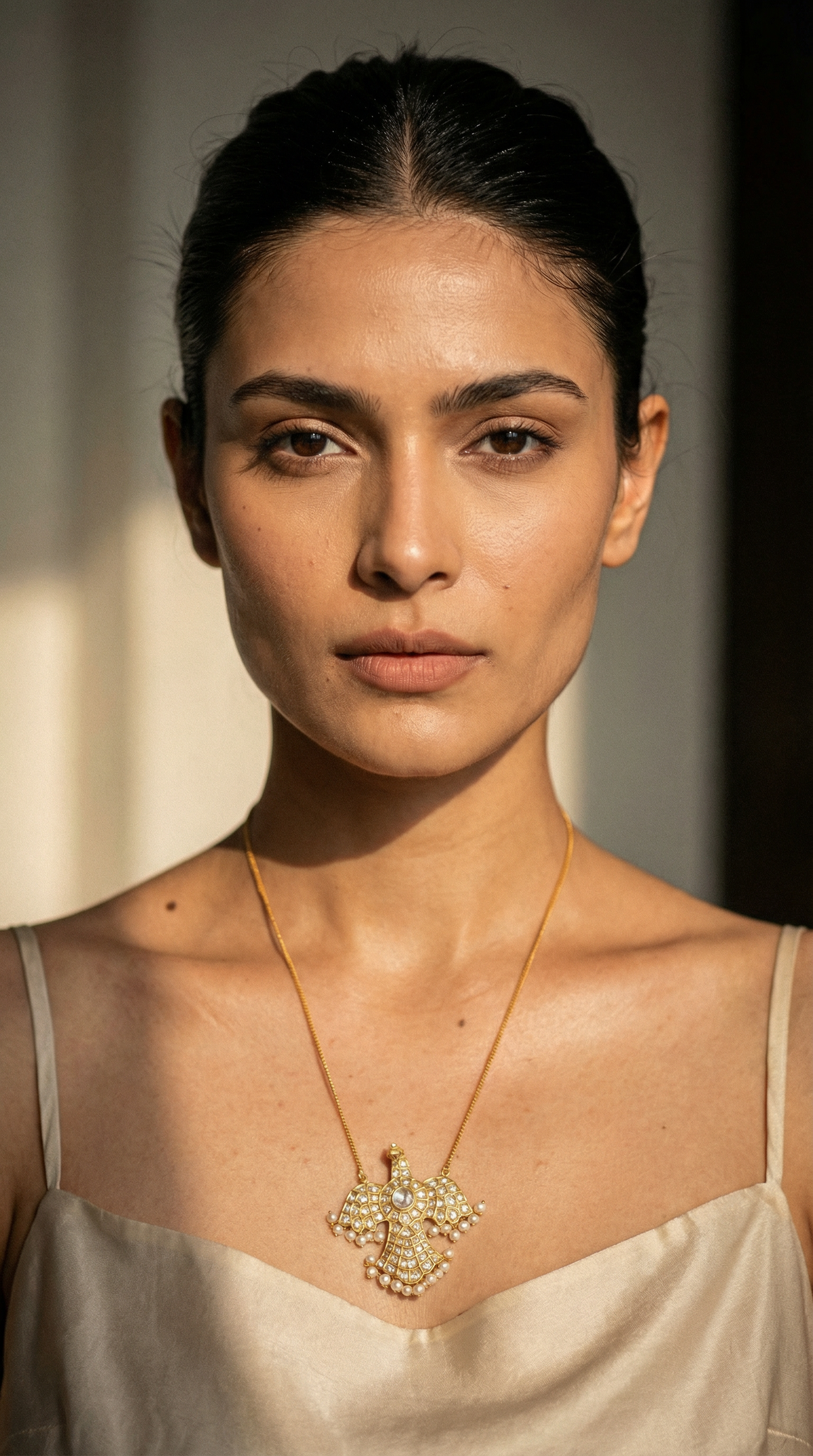 Model wearing a gold kundan bird pendant with pearl drops
